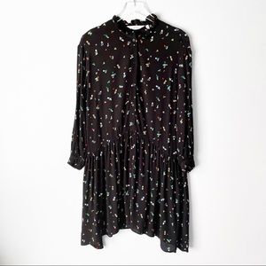 & Other Stories | Black Ditsy Floral Buttoned Mini Peasant Y2K Dress